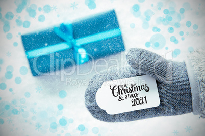 Gray Glove, Turquoise Gift, Label, Snowflakes, Merry Christmas And A Happy 2021