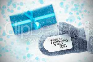 Gray Glove, Turquoise Gift, Label, Snowflakes, Merry Christmas And A Happy 2021