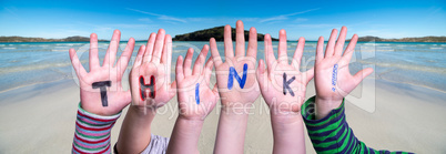 Children Hands Building Word Think, Ocean Background