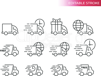 Delivery truck or lorry line vector icon set