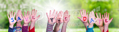 Children Hands Building Word Save The Date, Grass Meadow