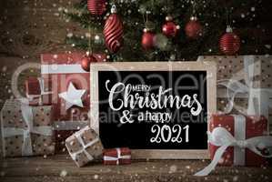 Christmas Tree, Gift, Snowflakes, Text Merry Christmas And A Happy 2021