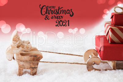 Reindeer, Sled, Snow, Red Background, Merry Christmas And A Happy 2021