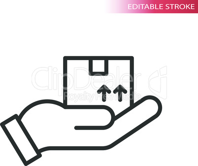 Hand with delivery box thin line vector icon