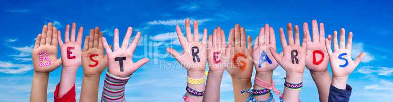 Children Hands Building Word Best Regards, Blue Sky