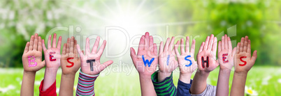 Children Hands Building Word Best Wishes, Grass Meadow