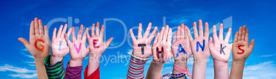 Children Hands Building Word Give Thanks, Blue Sky