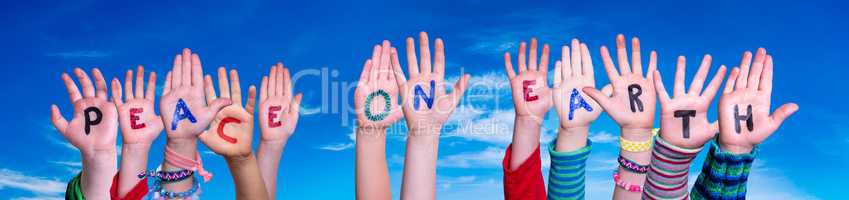 Children Hands Building Quote Peace On Earth, Blue Sky