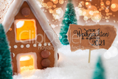 Gingerbread House, Snow, Glueckliches 2021 Means Happy 2021, Golden Background