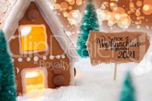Gingerbread House, Snow, Glueckliches 2021 Means Happy 2021, Golden Background
