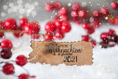 Red Decoration, Snow, Label, Glueckliches 2021 Means Happy 2021, Snowflakes