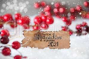 Red Decoration, Snow, Label, Glueckliches 2021 Means Happy 2021, Snowflakes