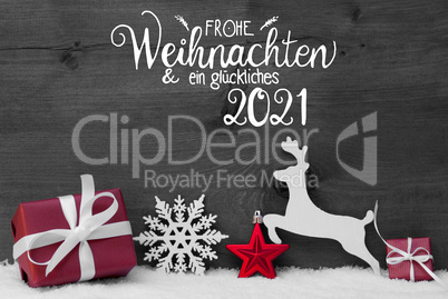 Gift, Deer, Snow, Ball, Glueckliches 2021 Means Happy 2021, Gray Background