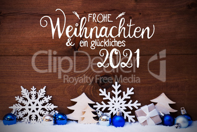 Christmas Tree, Blue Ball, Snow, Glueckliches 2021 Means Happy 2021