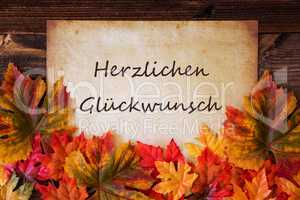Grungy Old Paper, Colorful Leaves, Glueckwunsch Means Congratulations