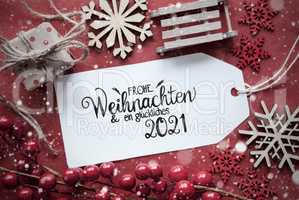 Red Christmas Decoration, Label, Glueckliches 2021 Means Happy 2021