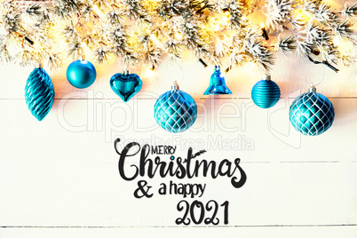 Turqouise Christmas Decoration, Fir Branch, Merry Christmas And Happy 2021
