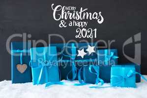 Turquois Gift, Snow, Merry Christmas And A Happy 2021, Black Background