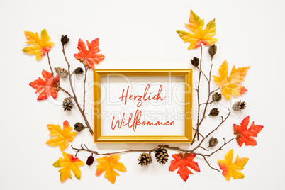 Colorful Autumn Leaf Decoration, Frame, Text Herzlich Willkommen Means Welcome