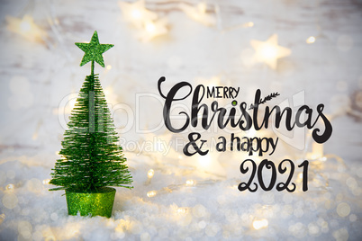 Green Christmas Tree, Lights, Star, Snow, Merry Christmas And A Happy 2021