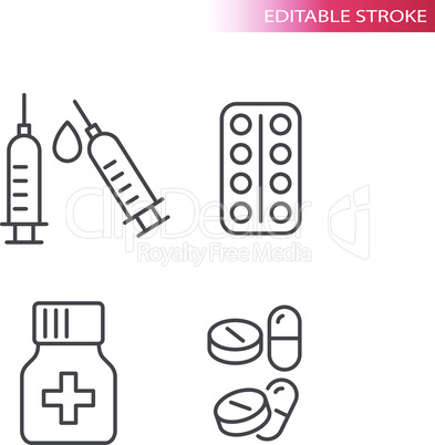 Medical drugs thin line vector icon set