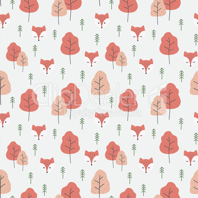 Red fox cartoon and forrest seamless pattern