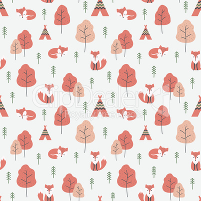 Red fox cartoon and forrest seamless pattern