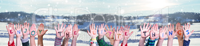 Children Hands Building Quote Enjoy The Little Things, Snowy Winter Background