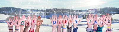 Children Hands, Frohes Neues Jahr Means Happy New Year, Snowy Winter Background