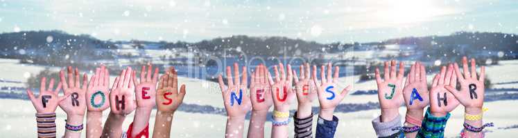 Children Hands, Frohes Neues Jahr Means Happy New Year, Snowy Winter Background