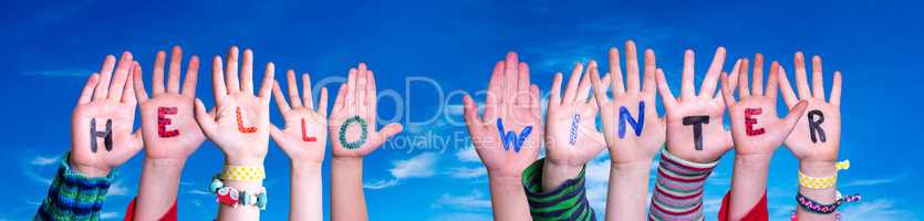 Children Hands Building Word Hello Winter, Blue Sky