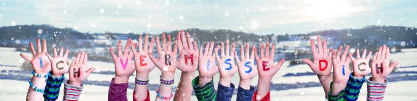 Children Hands Building Ich Vermisse Dich Means I Miss You, Winter Background
