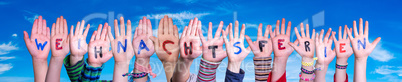 Children Hands Building Word Weihnachtsferien Means Christmas Break, Blue Sky