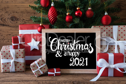 Christmas Tree, Gift, Text Merry Christmas And A Happy 2021