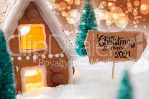 Gingerbread House, Snow, Merry Christmas And A Happy 2021, Golden Background