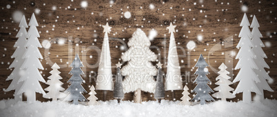 Banner, Christmas Trees, Snow, Brown Vintage Background, Snowflakes