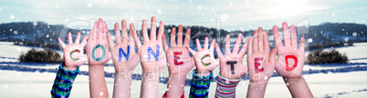 Children Hands Building Word Connected, Snowy Winter Background