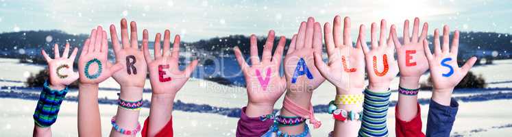 Children Hands Building Word Core Values, Snowy Winter Background
