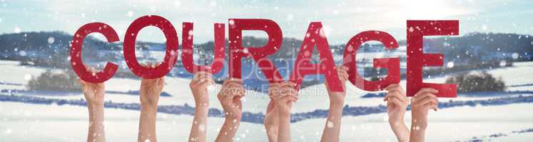 People Hands Holding Word Courage Means Do Not Give Up, Snowy Winter Background