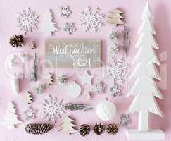 White Wooden Christmas Decoration, Tree, Glueckliches 2021 Means Happy 2021