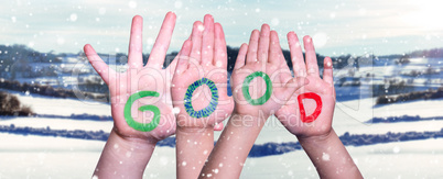 Children Hands Building Word Good, Snowy Winter Background