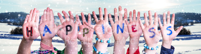 Children Hands Building Word Happiness, Snowy Winter Background