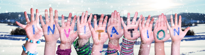 Children Hands Building Word Invitation, Snowy Winter Background