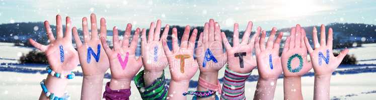 Children Hands Building Word Invitation, Snowy Winter Background