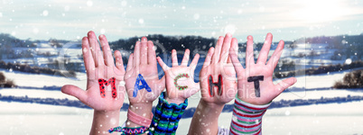 Children Hands Building Word Macht Means Power, Snowy Winter Background