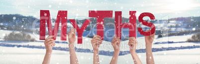 People Hands Holding Word Myths, Snowy Winter Background