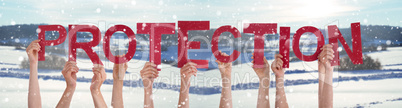 People Hands Holding Word Protection, Snowy Winter Background