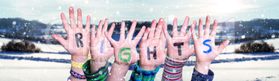 Children Hands Building Word Rights, Snowy Winter Background