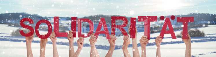 People Hands Holding Word Solidaritaet Means Solidarity, Snowy Winter Background