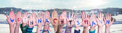 Children Hands Building Weihnachtsmann Mean Santa Claus, Snowy Winter Background